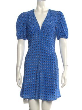 STAUD Blue V-Neck Puff-Sleeve Printed Mini Dress